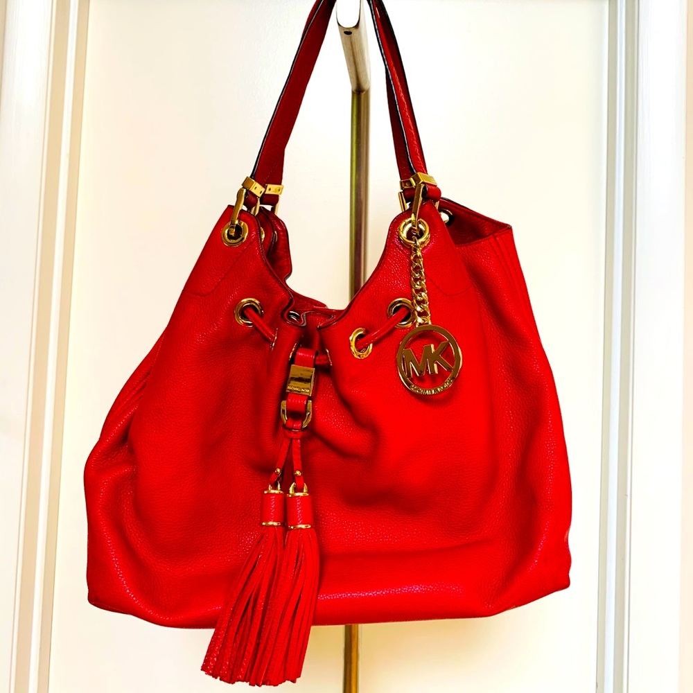 MICHAEL KORS CAMDEN BAG TASSEL TOTE (2) RED & NAVY